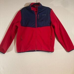 Lands End Fleece Mens L 42-44 Red Blue Collar‎ Full Zip Oeko-Tex Pockets Outdoor